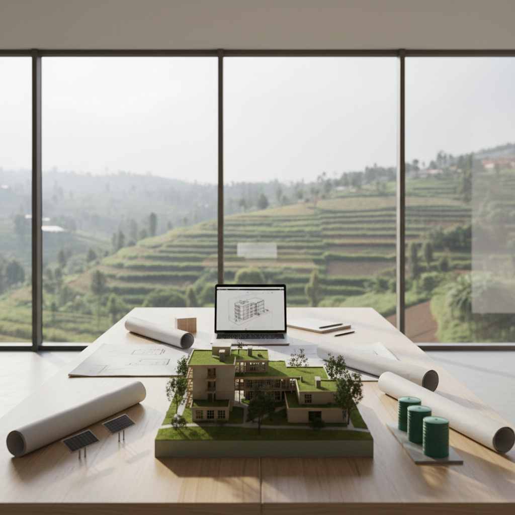 An open-plan sustainable innovation workspace with a 3D architectural model of a green building overlooking a Rwandan hillside