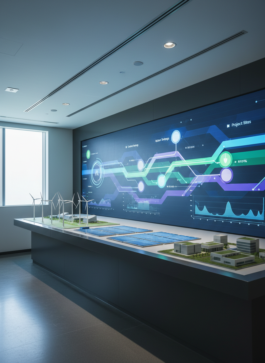 A high-tech sustainability command center with a wall-mounted digital dashboard displaying energy flows and carbon savings