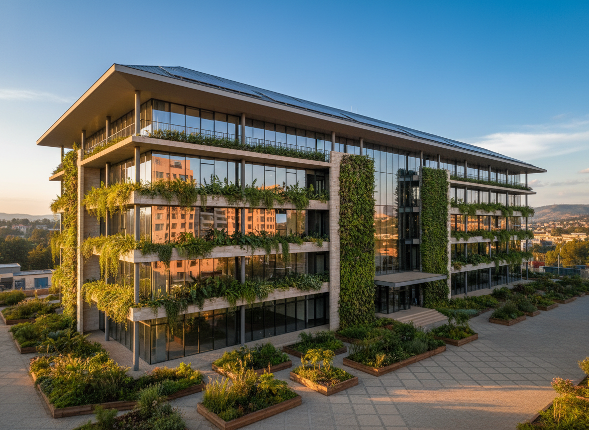 A modern sustainability-focused headquarters exterior in Kigali, Rwanda, featuring a mid-rise glass and light-colored stone building with deep overhangs and vertical green walls dense with local plants. Solar panels line the gently sloped rooftop and a small urban garden with raised beds and native shrubs surrounds the entrance. Soft late-afternoon sunlight creates warm reflections on the glass and long, calm shadows across a clean paved courtyard. Photographed at eye level with wide-angle composition, sharp focus throughout, and a clear blue sky framing distant green hills. The mood is professional, optimistic, and innovative, with photographic realism emphasizing real-world sustainable design in an African urban context.