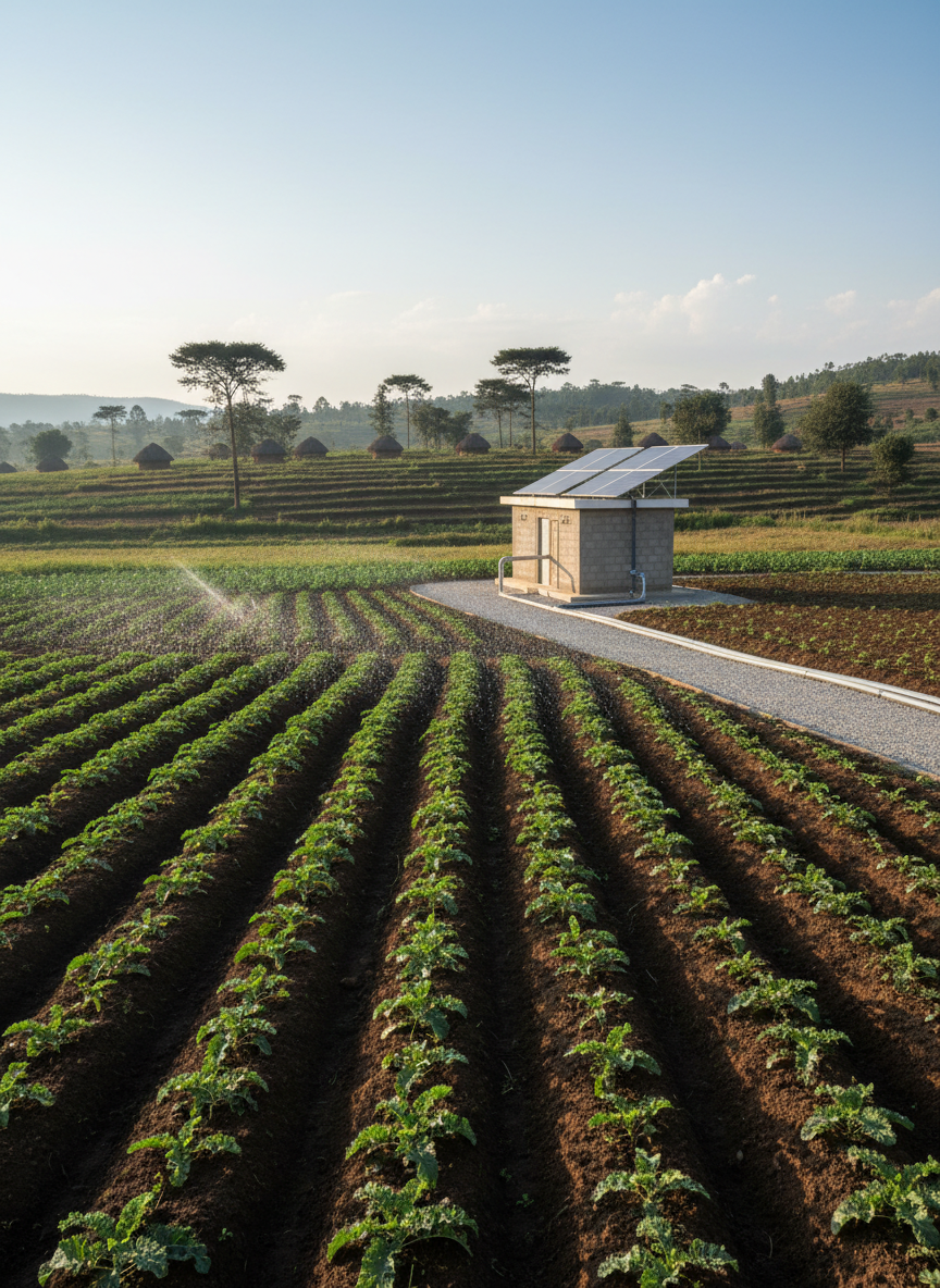 Neat rows of deep-green crops beside a solar-powered irrigation pump house in rural Rwanda