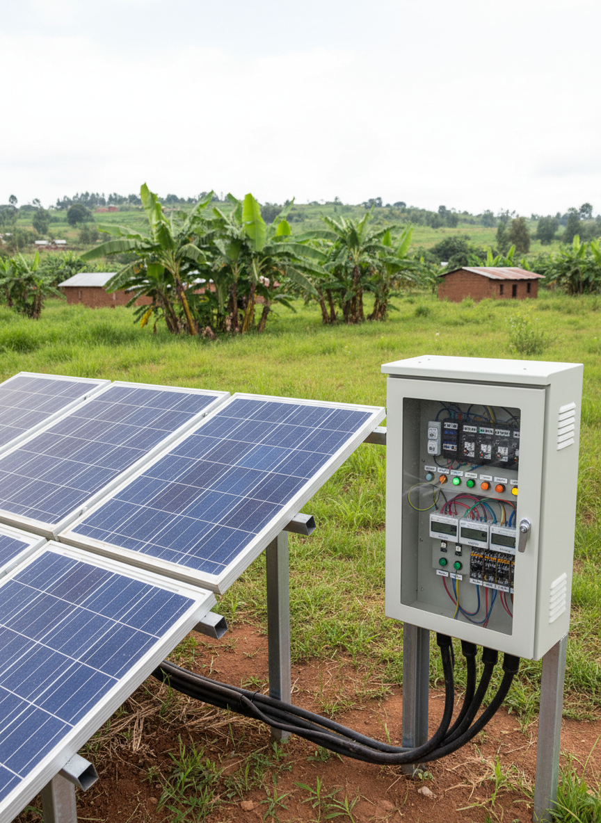 A row of dark-blue solar panels connected to a weatherproof control cabinet at a rural Rwandan community site