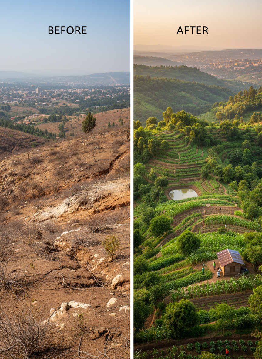 A restored hillside outside Kigali transformed into a thriving sustainable community with native trees, terraced gardens, a rainwater harvesting pond, and rooftop solar panels